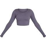 PrettyLittleThing Structured Contour Ribbed Round Neck Long Sleeve Crop Top - Charcoal Grey