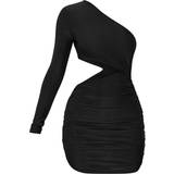 Enaxlad / Enärmad - Korta klänningar PrettyLittleThing Slinky One Shoulder Waist Cut Out Ruched Bodycon Dress - Black