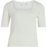 Fyrkantig T-shirts & Linnen Vila Lalana Short Sleeve Knitted Top - White Alyssum