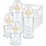 Flaskmatningsset på rea Nuk First Choice startset med nappflaskor i glas 0–6 månader 4 nappflaskor med temperaturkontroll och låda Antikolik-ventil BPA-fria Latex 5 delar