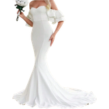 Shein Off Shoulder Ruffle Trim Floor Length Wedding Dress - White