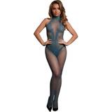 High neck fishnet and lace bodystocking, blue