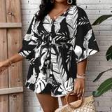 Dam - V-ringning Jumpsuits & Overaller Shein Plus Tropical Print Batwing Sleeve Belted Romper