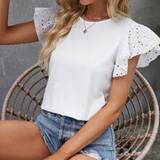 Volanger T-shirts & Linnen Shein Eyelet Embroidery Butterfly Sleeve Tee