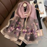 Lila Halsdukar & Sjalar Shein Women's Elegant Silk/wool Blended Scarf With Purple Flower Beads Embroidery, Perfect For Summer Travel, Autumn And Winter Protection Against The Sun