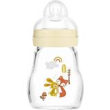 Mam Nappflaskor Mam Feel Good Babyflaska i glas 170 ml mjölkflaska med bred öppning, stabil baby drickflaska med napp storlek 1, från födseln, hare/räv
