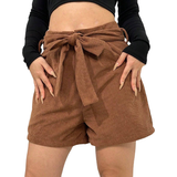 Shein High Waist Belted Corduroy Shorts - Brown