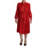 Herr - Röda Klänningar Dolce & Gabbana Red Button Down Belted Midi Satin Silk Dress IT44