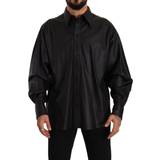 Dolce & Gabbana Black Leather Button Down Men Collared Jacket IT52