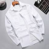 Herr - Jeansskjortor - Vita Shein Men Cotton Ripped Frayed Flap Pocket Denim Shirt Without Tee