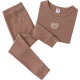 Elastan Tracksuits Shein Toddler Boy's Bear Patch Detail Ribbed Knit Snug Fit PJ Set -Khaki
