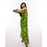 Topshop Dam - Långa klänningar Topshop – Grön blommig maxiklänning med indragning, bar rygg och långa ärmar-Grön/a