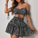 Blommiga - Dam Jumpsuits & Overaller Shein WYWH Ditsy Floral Print Off Shoulder Drawstring Crop Top & Skirt