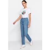 Transparent Byxor & Shorts Trendyol Collection Kvinnors ljus 100% ekologisk bomull spets hög midja bootcut jeans, klar blå