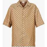 Gucci Skjortor Gucci Short-sleeved Gg-jacquard Linen-blend Shirt Mens Camel