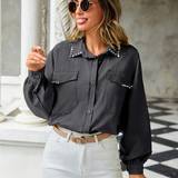 Jeansjackor - Pärlor Kläder Shein Women's Rhinestone Detailed Drop Shoulder Shirt
