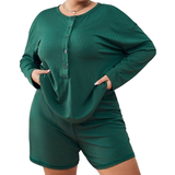 Dam - Knappar Jumpsuits & Overaller Shein Essnce Women's Plus Size Solid Color Buttoned Half-placket Round Neck T-shirt And Shorts Set