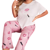 Dam - Lös Jumpsuits & Overaller Shein Plus Size Lips & Lipstick & Heart & Letter Printed Casual Short Sleeve T-Shirt And Pants Homewear Set