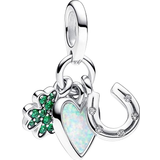 Vigselringar Berlocker & Hängen Pandora Four Leaf Clover Heart & Horseshoe Triple Dangle Charm - Silver/Green/Transparent