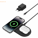 Belkin Metaller Mobiltillbehör Belkin BoostCharge Pro 2-i-1 trådlös laddare med magnetisk Qi2 15 W, Trådlös snabbladdning av iPhone som är kompatibel med serierna iPhone 15, AirPods och enheter med MagSafe Svart