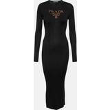 Prada Klänningar Prada Logo ribbed-knit silk midi dress black