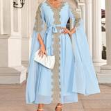 Dam - Guld - Korta klänningar Shein Gold Thread Embroidery & Lace Splice Chiffon Long Arab Dress