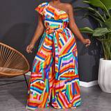 Randiga Jumpsuits & Overaller Shein Plus Women'S One Shoulder Ruffle Trim Striped & Floral Print Jumpsuit