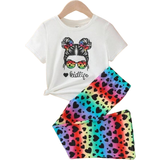 Shein Kids Y2Kool Young Girl Sporty And Sweet Knit Round Neck Short Sleeve Top With Flared Pants Set For Spring/Summer