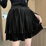 Sammet Kjolar Shein Women's Double Layer Frill Hem Pleated Midi Skirt