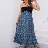 Blommiga - Elastan/Lycra/Spandex - Långa klänningar Shein Plus Women's Floral Print Pleated Halter Neck Tie Waist Dress