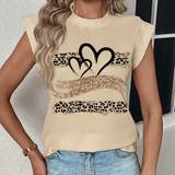 Dam - Elastan/Lycra/Spandex - Leopard T-shirts Shein Casual Heart Pattern Round Neck Slim Fit T-Shirt, Summer