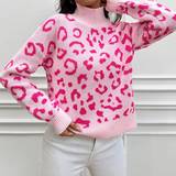 Dam - Leopard Tröjor Shein Leopard Pattern High Neck Drop Shoulder Sweater