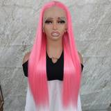 Rosa Peruker Shein 26 Inches Long Straight Synthetic Lace Front Wigs Pink Color 13x4 Lace Area Free Part Pre Plucked With Baby Around