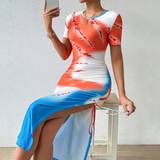Shein Dam - Midiklänningar Shein Bodycon Tie Dye Round Neck Short Sleeve Dress With Slit And Pleated Detail