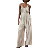 V-ringning Jumpsuits & Overaller H&M Jumpsuit In Tricot With Tie Belt - Light Beige/Striped