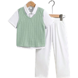 Shein Young Boy Joint Academy Short Sleeve Turn-Down Collar Shirt Vest Long Pants 3-Piece Set