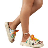 Polyuretan Sandaler Shein Fashionable Wedge Slide Sandals For Women, All Over Print Lace-up Front Metal & Chain Decor Sandals