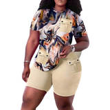 Dam - Knappar Jumpsuits & Overaller Shein Slayr Plus Size Full Printed Short Sleeved Top And Shorts Set