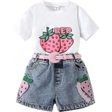 Modal Övriga sets Barnkläder Shein Young Girl Summer 2pcs/Set Strawberry & Letter Print Short Sleeve T-Shirt And Embroidered Elastic Waistband Denim Shorts With Belt
