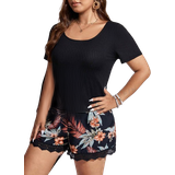 Shein Frenchy Plus Solid Tee & Tropical Print Lace Trim Shorts