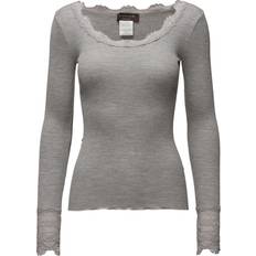 Rosemunde T-shirts Rosemunde Silk T-Shirt Regular LS W/Wide Lace - Light Grey Melange