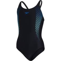 Speedo Girl's Tech Placement Digital Muscleback Swimsuit - Black/Blue Flame/Light Adriatic
