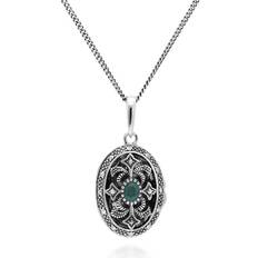 Gemondo Art Nouveau Style Oval Emerald & Marcasite Locket Necklace in 925 Sterling