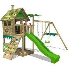 Fatmoose Utomhusleksaker Fatmoose Wooden climbing frame JungleJumbo with apple green slide, Garden playhouse with climbing ladder & playaccessories