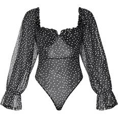 Dam - Prickiga Shapewear & Underplagg PrettyLittleThing Mesh Polka Dot Milkmaid Bodysuit - Black