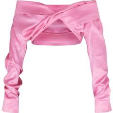 PrettyLittleThing Blusar PrettyLittleThing Bardot Twist Front Crop Blouse - Candy Pink