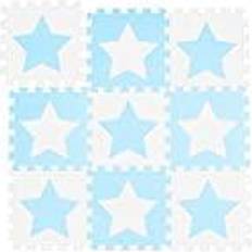 Relaxdays Pusselmatta stjärnor, 9 stycken, 18 delar, EVA-skum, föroreningsfritt, lekunderlägg 91 x 91 cm, vit-blå