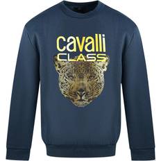 Roberto Cavalli Tröjor Roberto Cavalli Men's Class Leopard Print Logo Jumper - Navy Blue