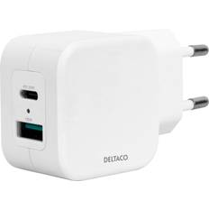 Laddare Batterier & Laddbart Deltaco USB wall charger, 1x USB-A 18 W, 1x USB-C PD 20 W, white
