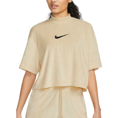 Nike Bruna - Dam Överdelar Nike Women Sportswear Mock-Neck Short-Sleeve Terry Top - Pale Vanilla/Black